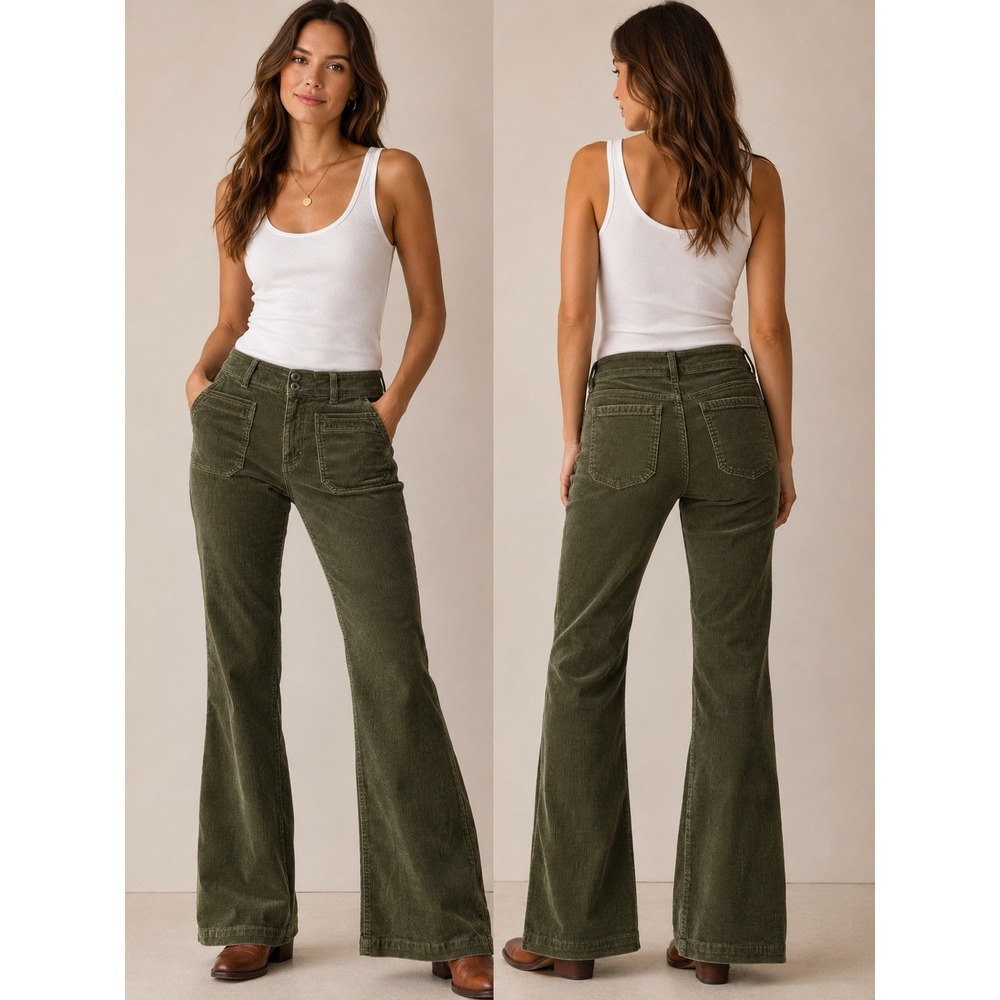 Anthropologie Pilcro Olive Green Corduroy Trouser Bootcut Pants Size 26